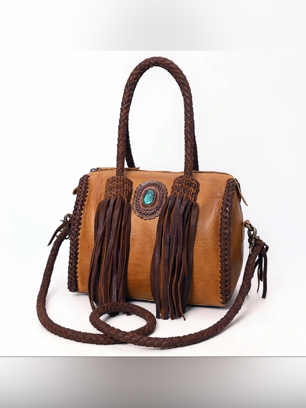 Western Boho Tassel Leather Satchel in Tan and Brown